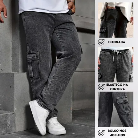 Calça Cargo Masculina Jeans Cós De Elástico Streetwear Larga