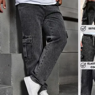 Calça Cargo Masculina Jeans Cós De Elástico Streetwear Larga