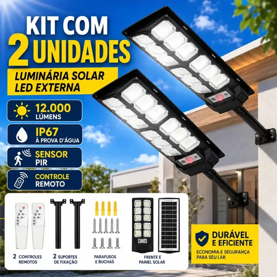 Kit 2 Luminária Solar Led 700w Sensor Movimento Controle 6v Preto