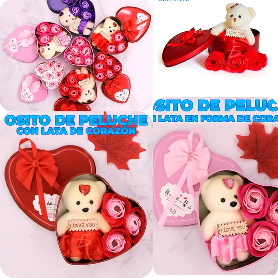 Oso De Peluche Lata Forma De Corazón Rosas Detalles De Amor