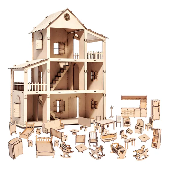 Casita De Muñecas En Madera + 36 Muebles Detallados
