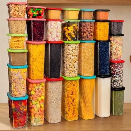 Kit 30 Potes Organizadores Porta Mantimentos 6 Tamanhos Empilháveis PP Translúcido para Cozinha Despensa Arroz Feijão Massas Cereais