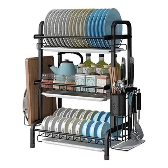 Escurridor de platos metal color negro de 3 niveles sobre mesada Lnf