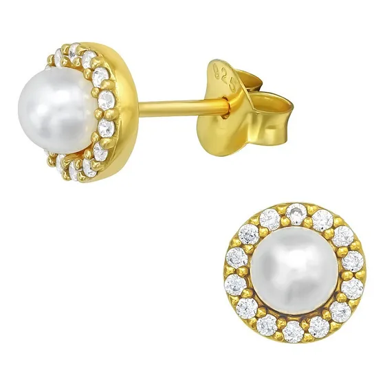 Aros Pequeños De Perla Con Circones,  Plata Chapada En Oro