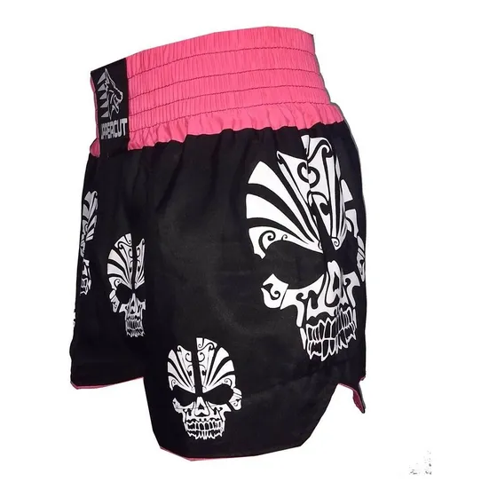 Calção Short Muay Thai / Kickboxing - Caveira - Preto/rosa