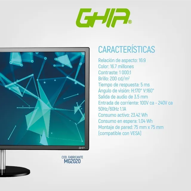 Monitor Ghia con pantalla de 19.5" 60Hz 127V y resolución HD
