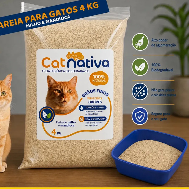 Areia Para Gato Higiênica Biodegradável 4kg CatNativa Milho e Mandioca Grãos Finos Sem Poeira Controle de Odor