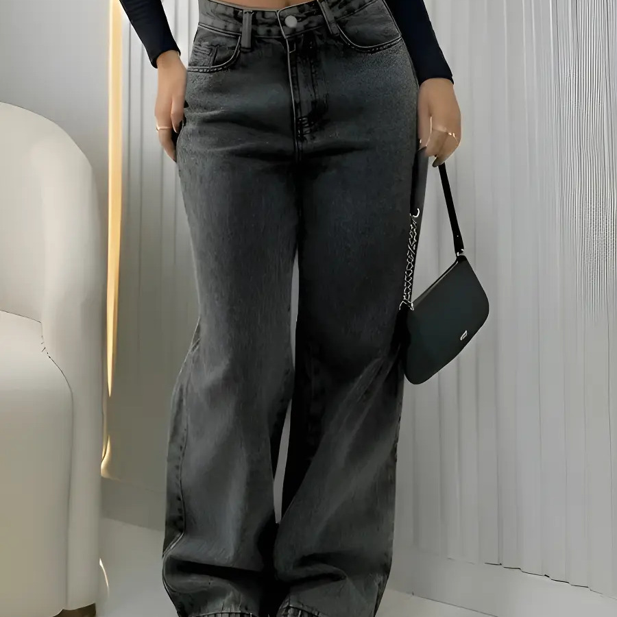 Calça Jeans Wide Leg Feminina Cintura Alta Pantalona Preto Black Marmo Liso 44