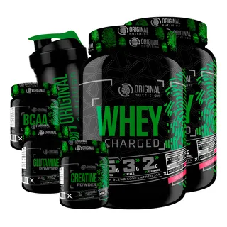 Combo 2x Whey Charged + Glutamina + Bcaa + Creatina + Shaker Sabor Morango Combo 2x Whey Charged + Glutamina + Bcaa + Creatina + Shaker Sabor Morango