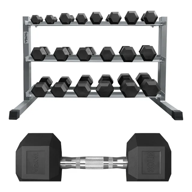 Set Rack Con 10 Pares De Mancuernas Hexagonales Pvc 5-50 Lb Color Negro