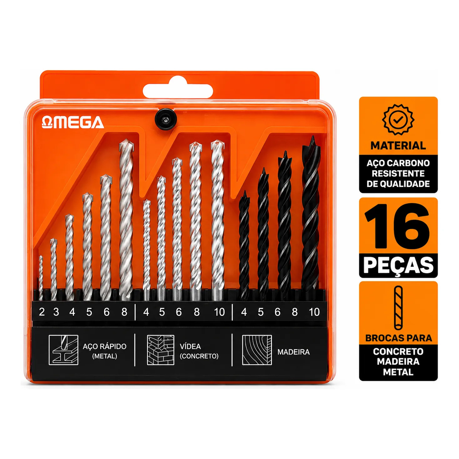Kit Jogo Brocas 16 Peças Madeira Concreto Aço Com Estojo