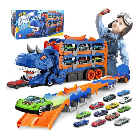 Caminhão Dinossauro Comendo Carros Brinquedo Com 12 Carros Carro De Dinossauro Azul Azul