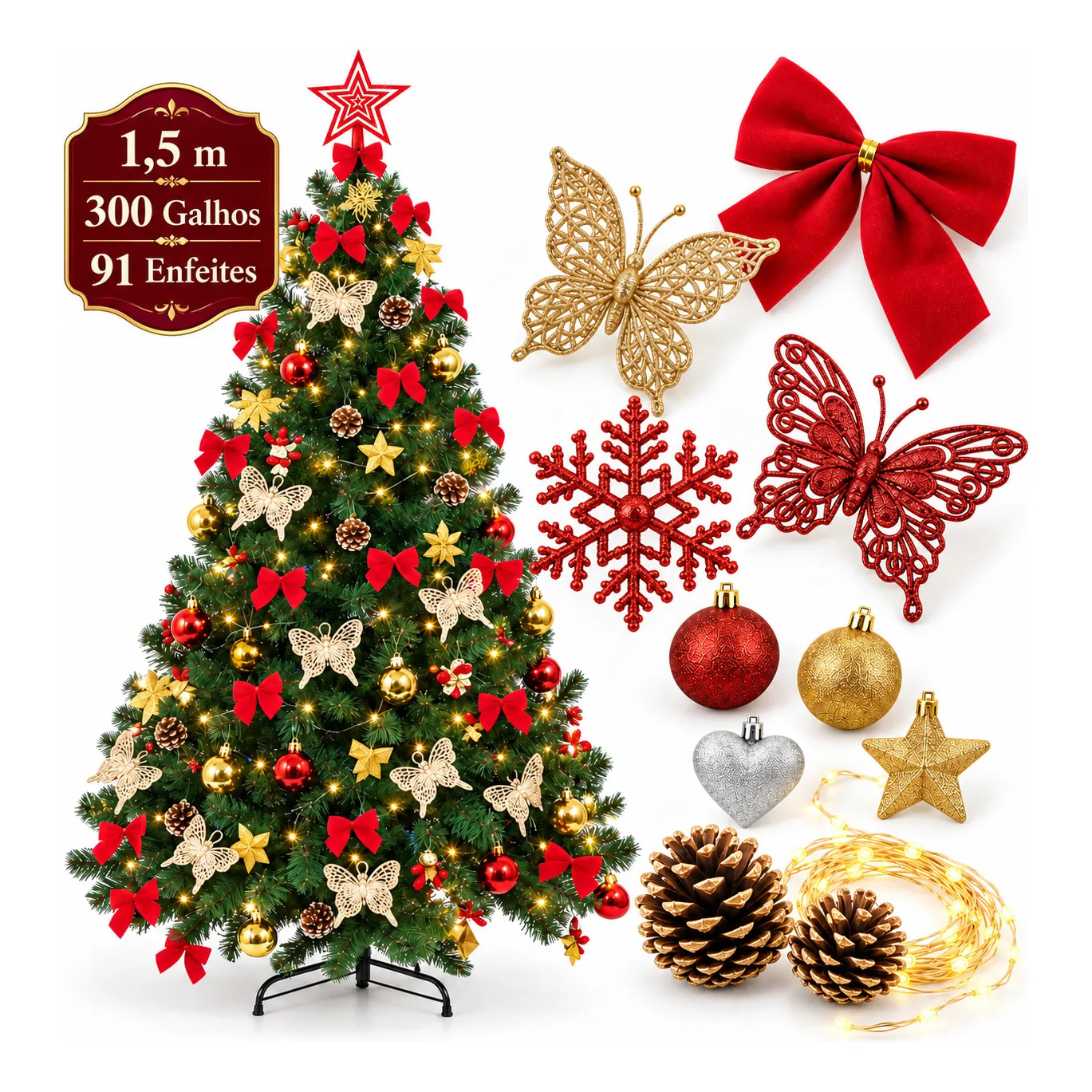 Árvore De Natal Decorada 1,5m Pinheiro Cheia 150cm Enfeitada Árvore De Natal Decorada 1,5m Pinheiro Cheia 150cm Enfeitada