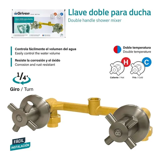 Llave Para Ducha Doble Bronce Gun Metal Griven
