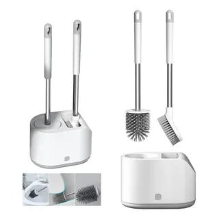 Juego Cepillo Limpieza Baño Escobilla Cabezal Silicona 2en1 Blanco