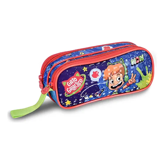 Estojo Escolar Gato Galáctico Porta Lápis Bolso Duplo