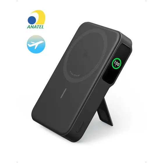 Carregador Portátil Indução Power Bank 10000mAh Bateria Magsafe Anker MagGo Qi2 Sem Fio Rápido 15W com Tela Inteligente e Suporte para iPhone 17/16/15/14/13/12 Preto