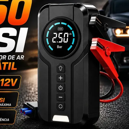 Mini Compressor de Ar Portátil 150 PSI Partida Auxiliar 12V Bateria Automotiva Digital USB-C