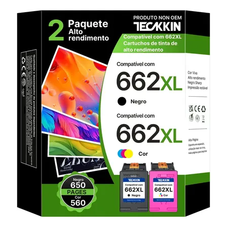 Kit Cartucho de Tinta TECKKIN 662XL Preto e Colorido para HP Deskjet Advantage