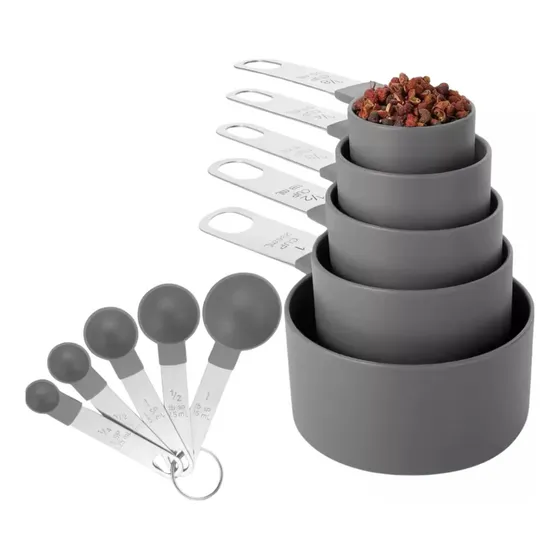 Jogo Kit 8 Peças Medidor Culinário Colher Copo Em Aço Inox Cor Cinza-escuro