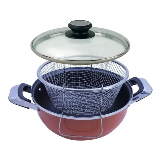 Olla De Freír Set 3 Piezas Tapa Vidrio Cesto Antiadherente 
