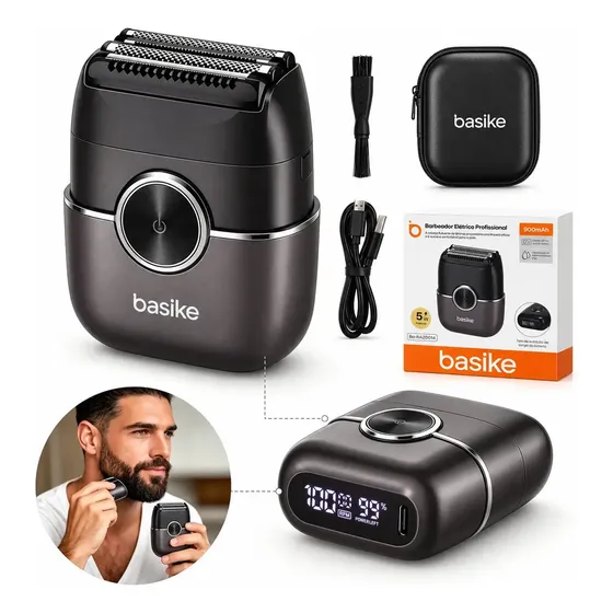 Barbeador Elétrico Portátil Basike, USB-C Recarregável, IPX6 À Prova D'água, Display Digital, Pele Sensível