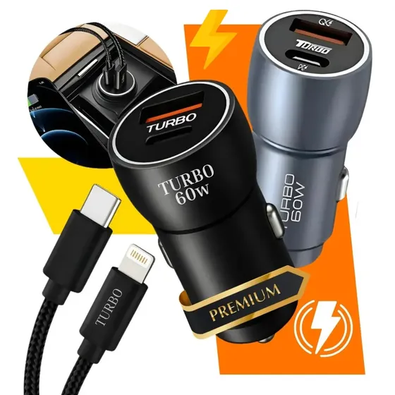 Kit Carregador Veicular Turbo 60w Compativel Com iPhone 8 X Xr 11 12 13 14 Pró E Pró Max Led Com Cabo Duas Portas Usb 3.0 Super Rápido 2 Celulares Automotivo Carro Tomada Cinzeiro Prateado Ice Coorel