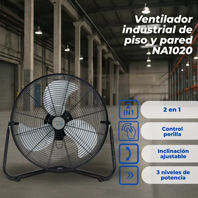 Ventilador Industrial De Piso Y Pared Narvik De 20 Pulgadas, Potente, Aspas Metálicas, 3 Velocidades