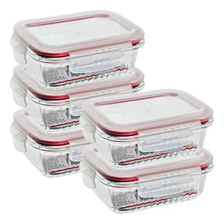 5 Potes Hermético Vidro Retangular 370ml Mantimento Marmita  Branco