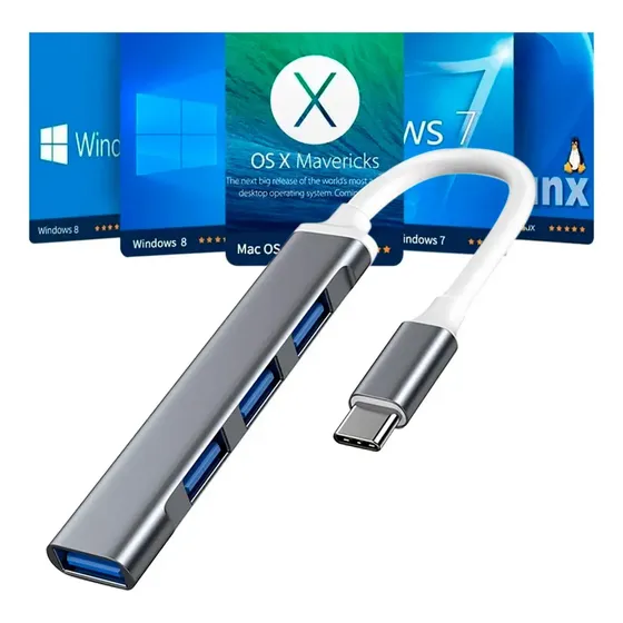 Hub USB Tipo C Strimtech 4 Portas USB 3.0 5 Gbps Cinza para Macbook e Android