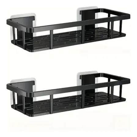 2 Prateleiras Porta Shampoo Adesiva Sem Furo Resistente Luxo Preto Reta Kit 2
