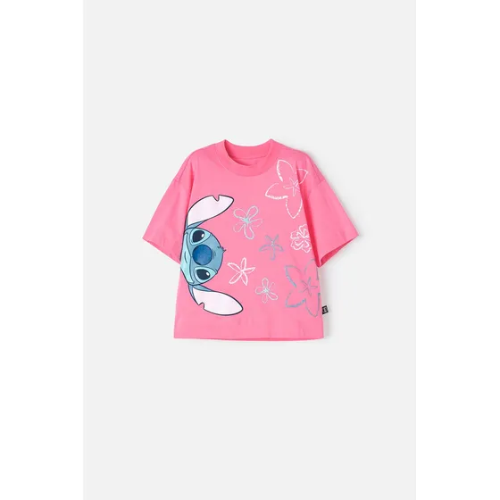 Camiseta De Stitch Rosada Manga Corta Para Niña