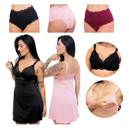 Kit Amamentação 2 Camisola + 2 Sutiã + 3 Calcinha Pós Parto