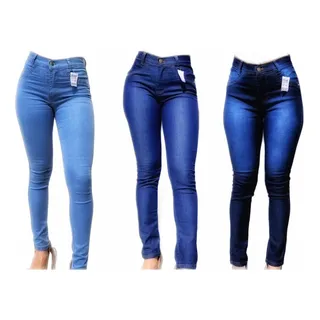 Kit 3 Calça Jeans Feminina Lycra Cintura Alta Empina Bumbum Kit 3 Calça Jeans Feminina Lycra Cintura Alta Empina Bumbum