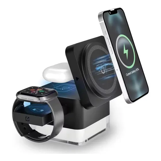 Estación De Carga Con Luz 3 En 1 Para Iphone Watch Y Airpods Negro