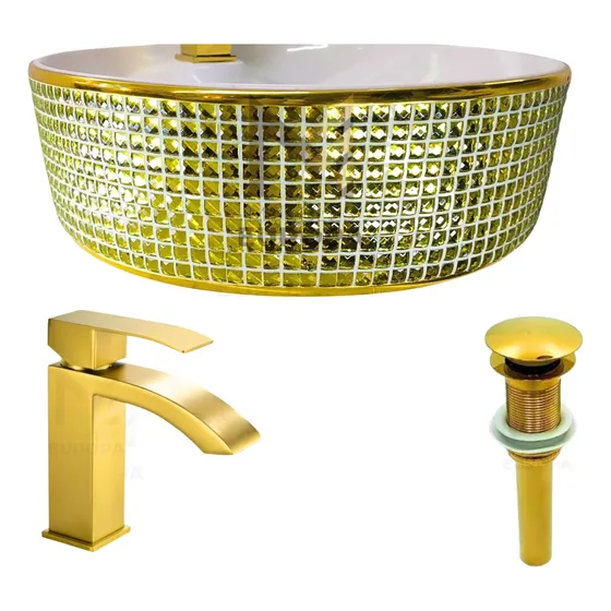 Ovalin Oro Con Blanco Baño Ceramica Con Monomando Y Contra