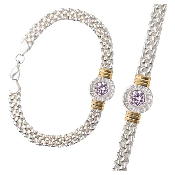 Pulsera Plata Y Oro Mujer Cubic Y Onix - Payasón Regalo Rosa 19 Cm