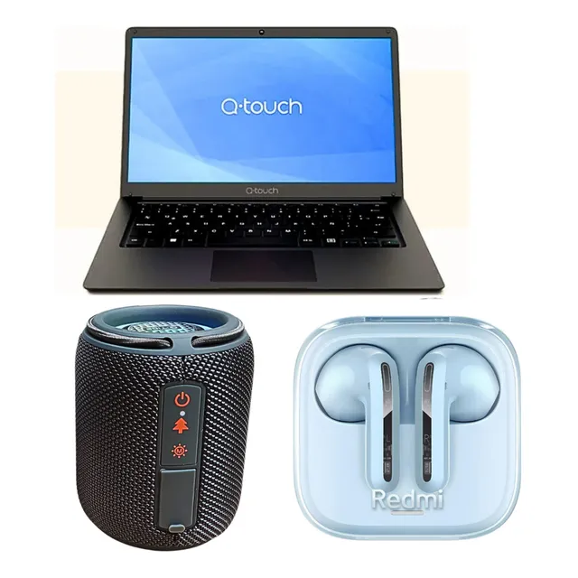 Laptop Qtouch + Bocina G-tide Sv30 Y Buds 6 Active Azul