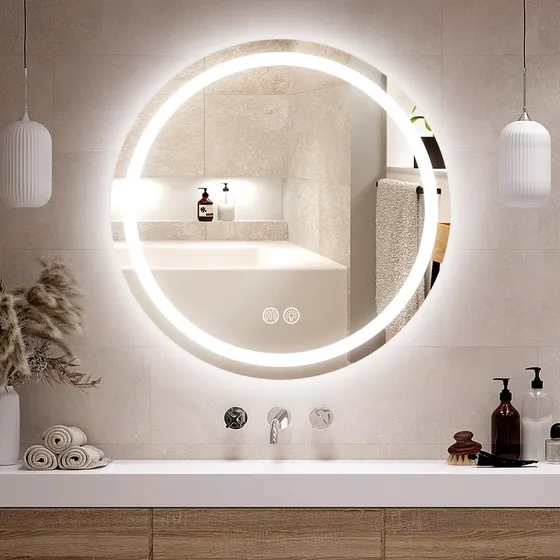 Espejo Led Touch Pared Baño Espejos Redondo Decorativo 2 Modo Luz Tricolor Con Antivaho 60cm X 60cm Con 60cm De Diámetro Marco 127/220v