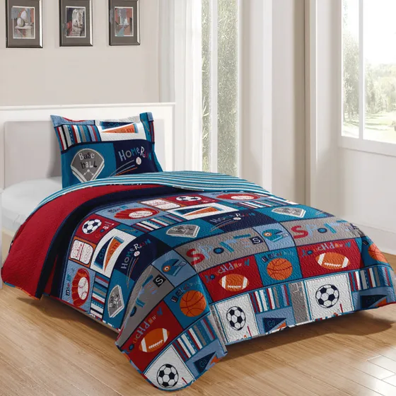 Colcha Infantil Teen Cobre Leito Solteiro 2 Peças Patchwork Cor Sports