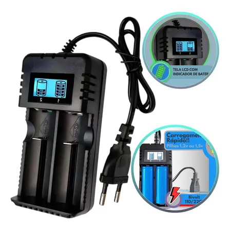 Kit Completo Carregador + 2 Baterias 26650 Recarregáveis Led