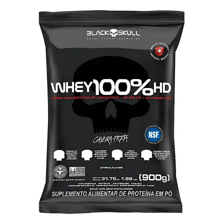 Whey 100% Hd Refil Black Skull - 900g (wpc, Wpi E Wph) Sabor Morango