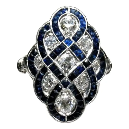 Anillo Plateado Con Esmalte Azul Y Cristales, Talla 8