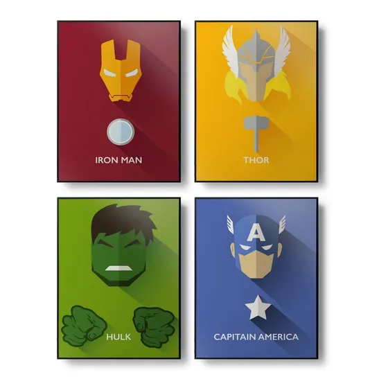 Kit De Quadros Vingadores Minimalista A4 Com Moldura Filete