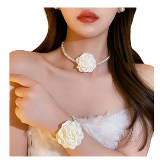 Gargantilla Perlas Imitacion Con Rosa, Pendientes Y Pulsera Gargantilla Perlas Imitacion Con Rosa, Pendientes Y Pulsera