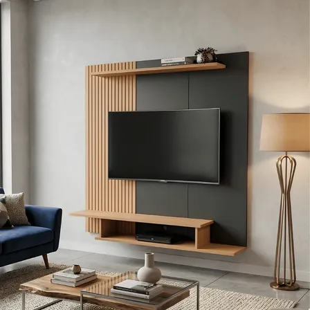 Estante Para Tv 55 Painel Ripado Com Prateleira E Nicho Sala Preto