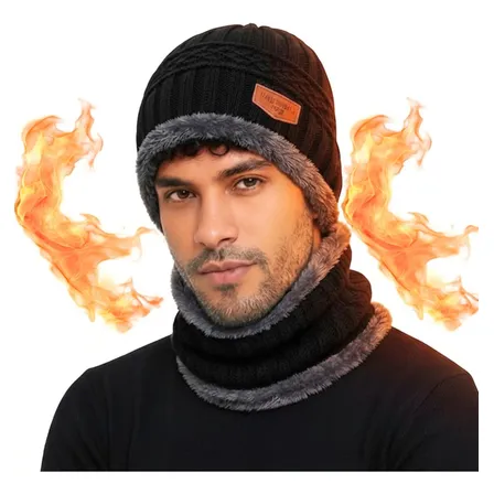 Kit Touca + Cachecol Térmico Forrado Super Quente Preto Un Lisa