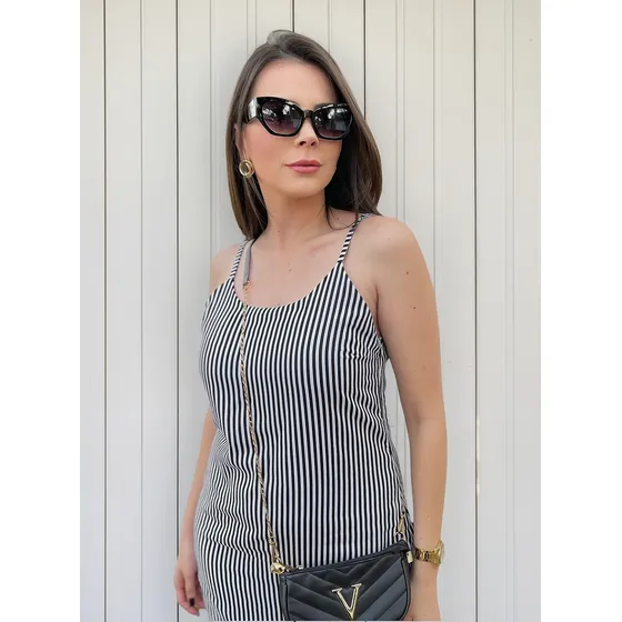 Vestido Longo Listrado Com Fenda