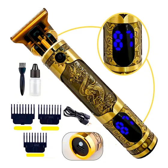 Maquina Acabamento Recarregável Cabelo Barba Sem Fio Digital Cor Dourado