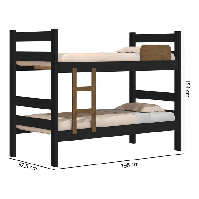 J&a Móveis Beliche Solteiro Em Mdf 198cm X 92,5cm Prisma Cor Preto E Jequitibá